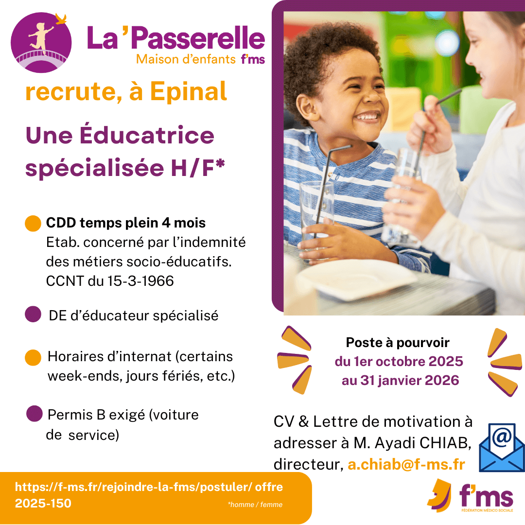 federation medico sociale fms offre emploi 2025 150 La MECS la Passerelle recrute ES HF 131 FMS | Fédération Médico Sociale