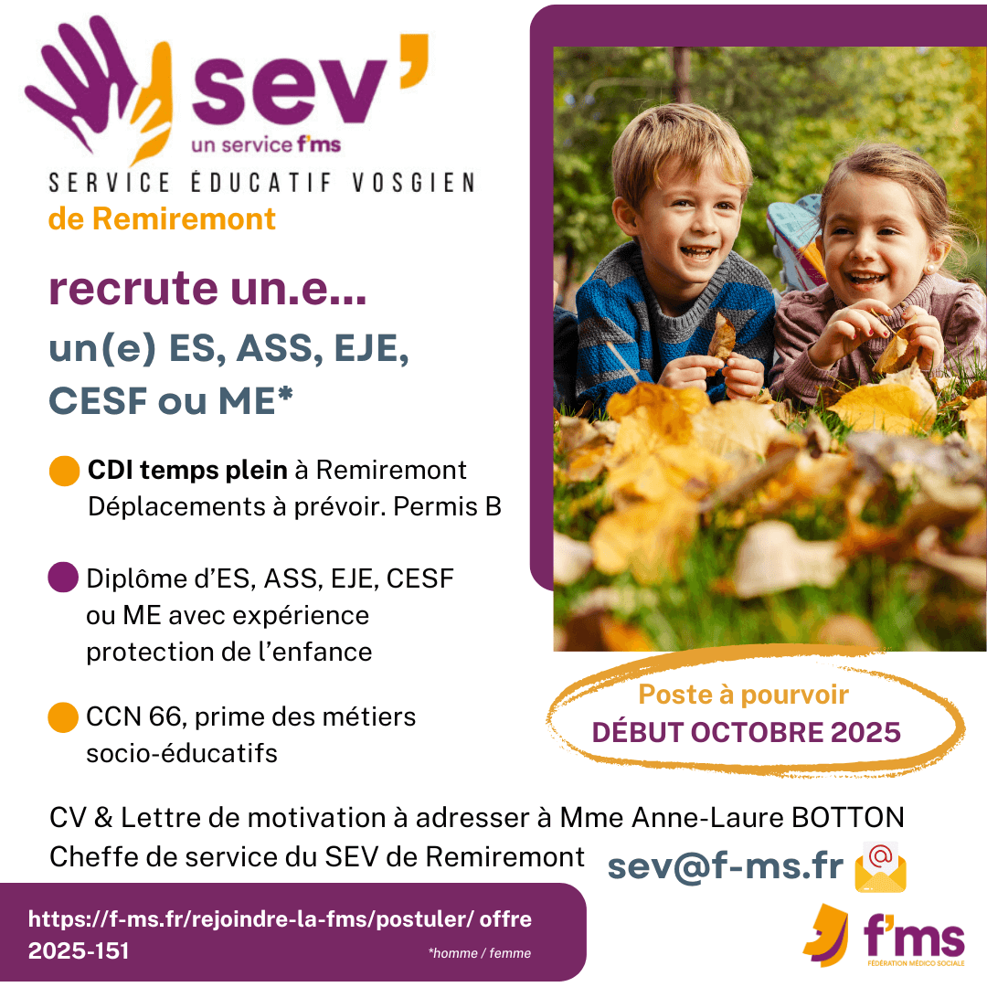 federation medico sociale fms offre emploi 2025 151 Le SEV recrute ES en CDI tps plein 130 FMS | Fédération Médico Sociale