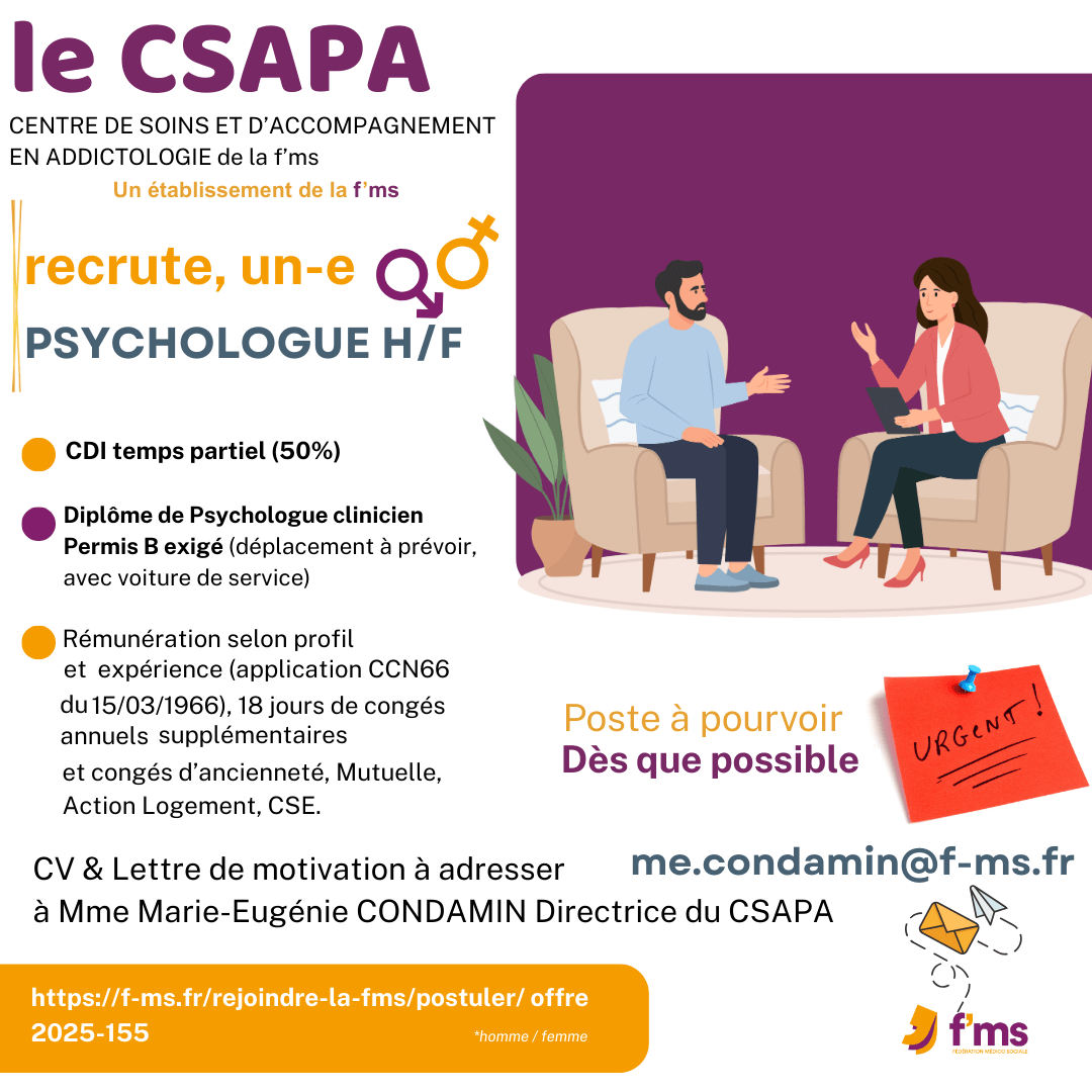 Le CSAPA recrute psychologue CDI 50% fms offre emploi csapa psychologue tps plein cdi