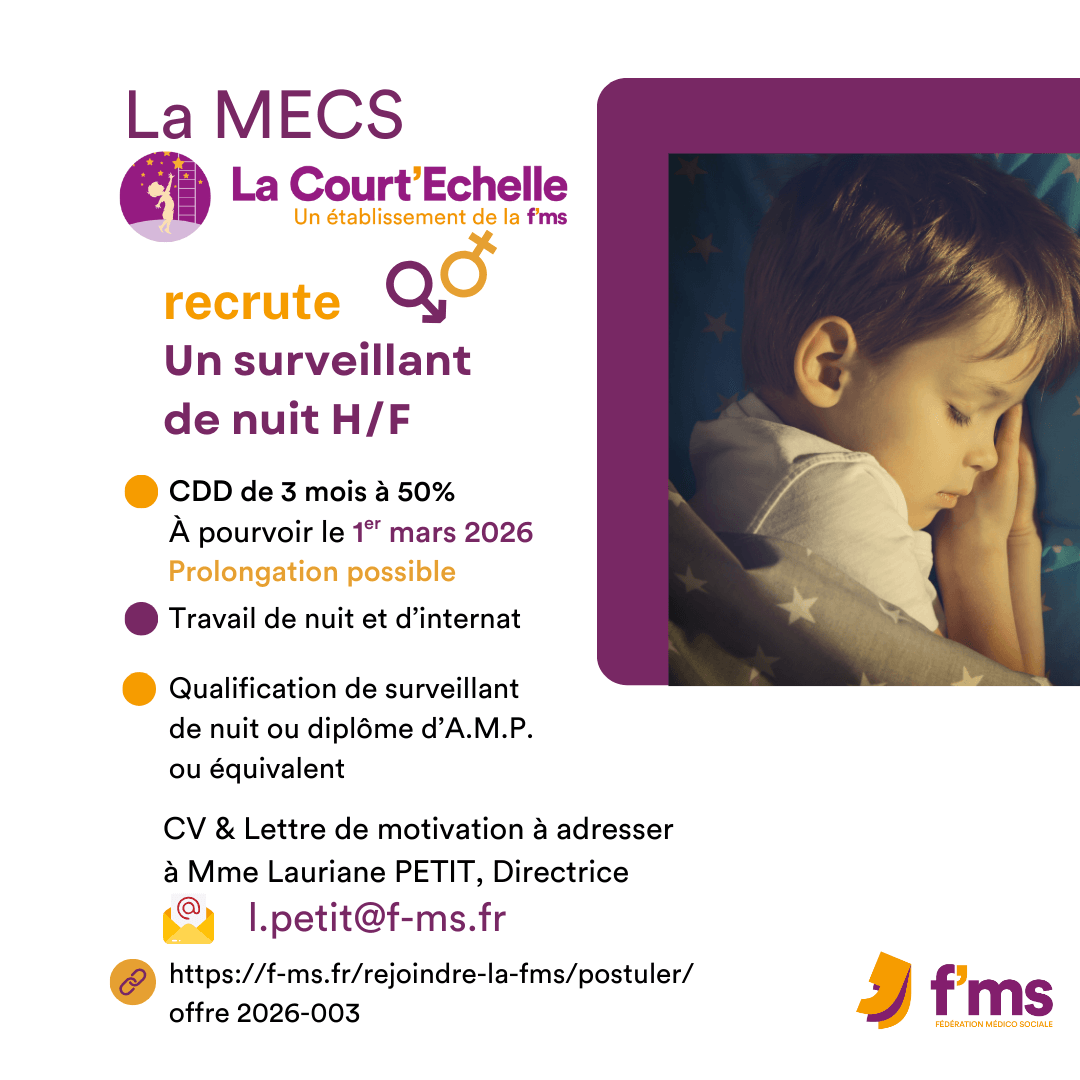 La Passerelle recrute surveillant de nuit HF federation medico sociale fms offre emploi visuel 2026 003 CDD TPS PARTIEL La Court Echelle Surveillant nuit HF 02 FMS | Fédération Médico Sociale