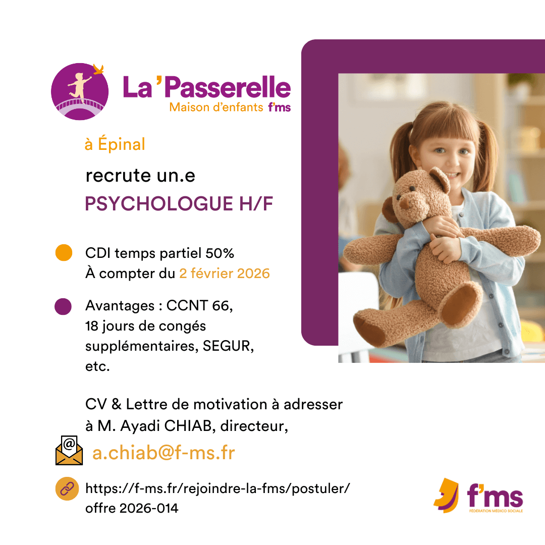 La Mecs La Passerelle recrute psychologue temps partiel federation medico sociale fms offre emploi visuel 2026 014 CDI TPS PARTIEL MECS LA PASSERELLE Psychologue HF 12 FMS | Fédération Médico Sociale