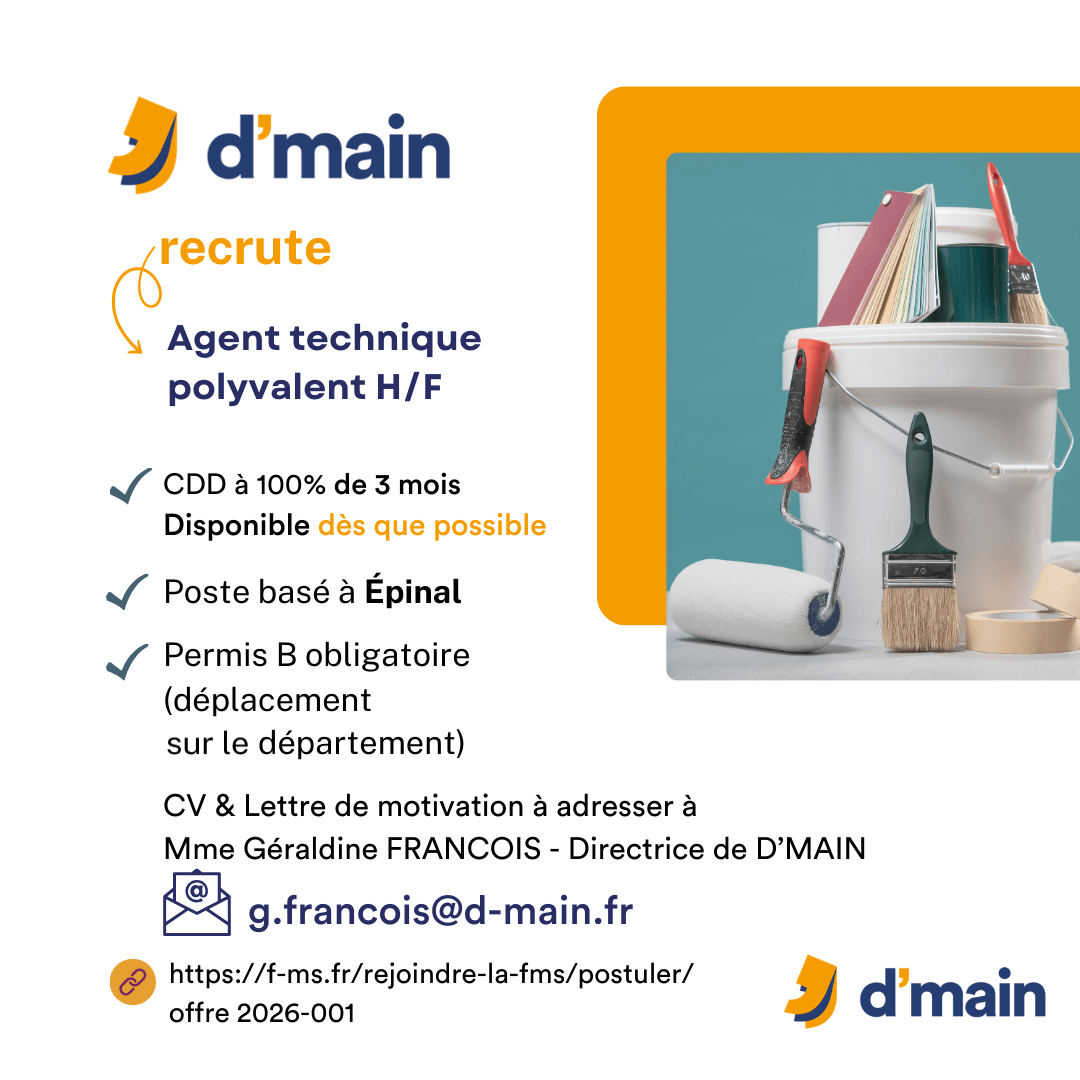 D'main recrute agent technique polyvalent federation medico sociale fms offre emploi visuel 2026 01 D MAIN recrute agent technique CDD 3 mois 17 FMS | Fédération Médico Sociale