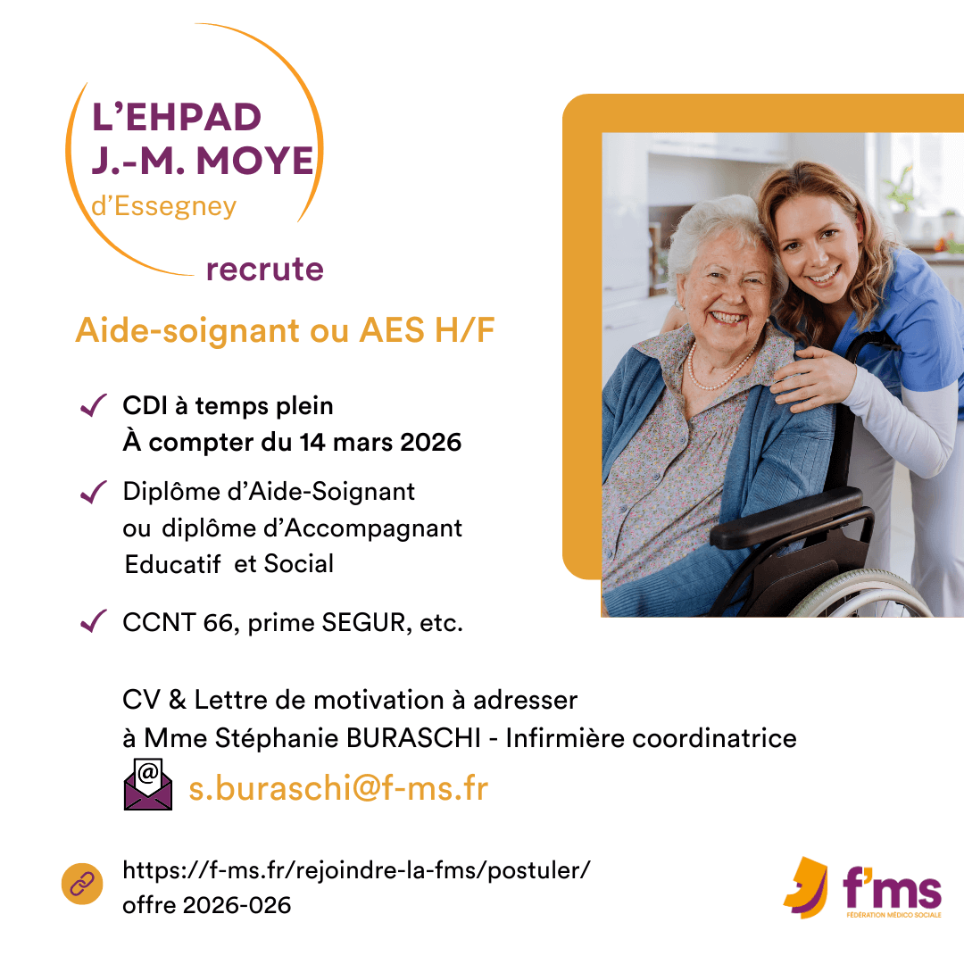 L'EHPAD JM Moye recrute AS ou AES en CDI 100% federation medico sociale fms offre emploi visuel 2026 026 CDI TPS PLEIN EHPAD AS AES HF 26 FMS | Fédération Médico Sociale