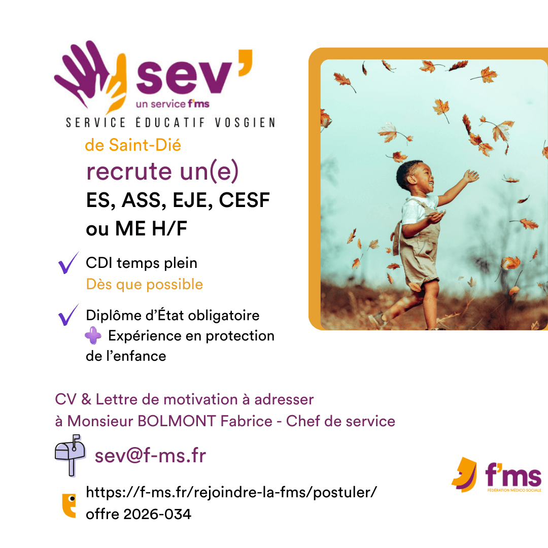 federation medico sociale fms offre emploi visuel 2026 034 CDI TPS PLEIN SEV SAINT DIE recrute ES EJE ME CESF ASS HF 35 FMS | Fédération Médico Sociale