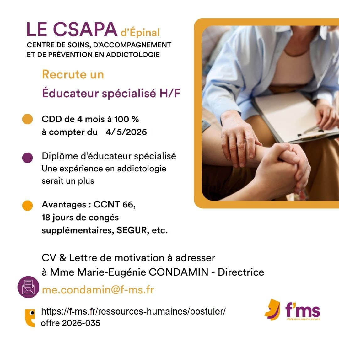 federation medico sociale fms offre emploi visuel 2026 035 CDD TPS PLEIN CSAPA Epinal Educateur specialise HF 39 FMS | Fédération Médico Sociale