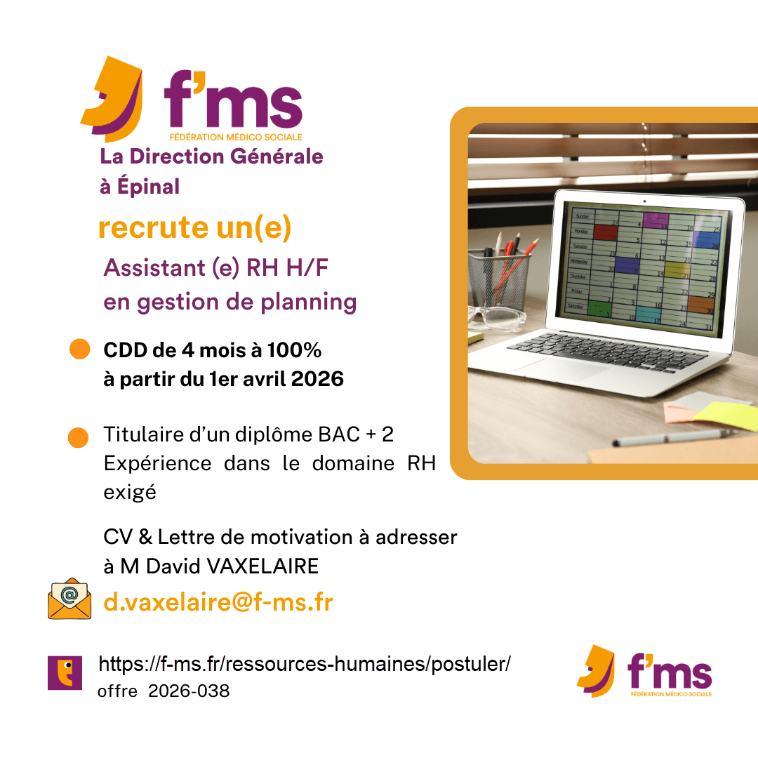 federation medico sociale fms offre emploi visuel 2026 038 CDD TPS PLEIN DIR GENERALE Assistant RH gestion planning HF 42 FMS | Fédération Médico Sociale