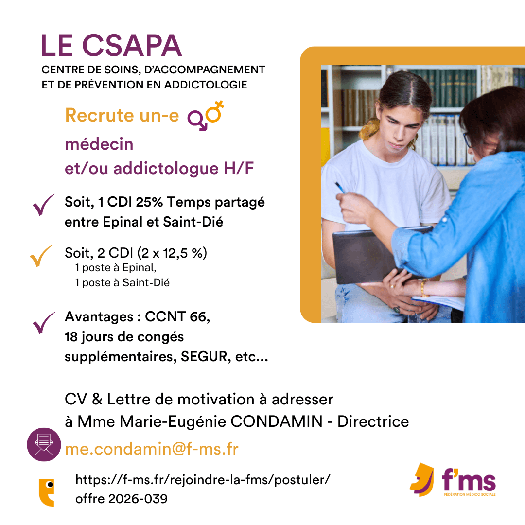 federation medico sociale fms offre emploi visuel 2026 039 TPS PARTIEL CSAPA Medecin addictologue HF 43 FMS | Fédération Médico Sociale
