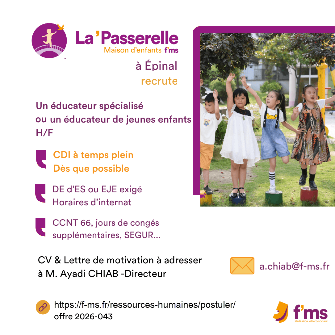 La Passerelle recrute ES ou EJE en CDI temps plein federation medico sociale fms offre emploi visuel 2026 043 CDI temps plein MECS La Passerelle recrute ES EJE HF 48 FMS | Fédération Médico Sociale