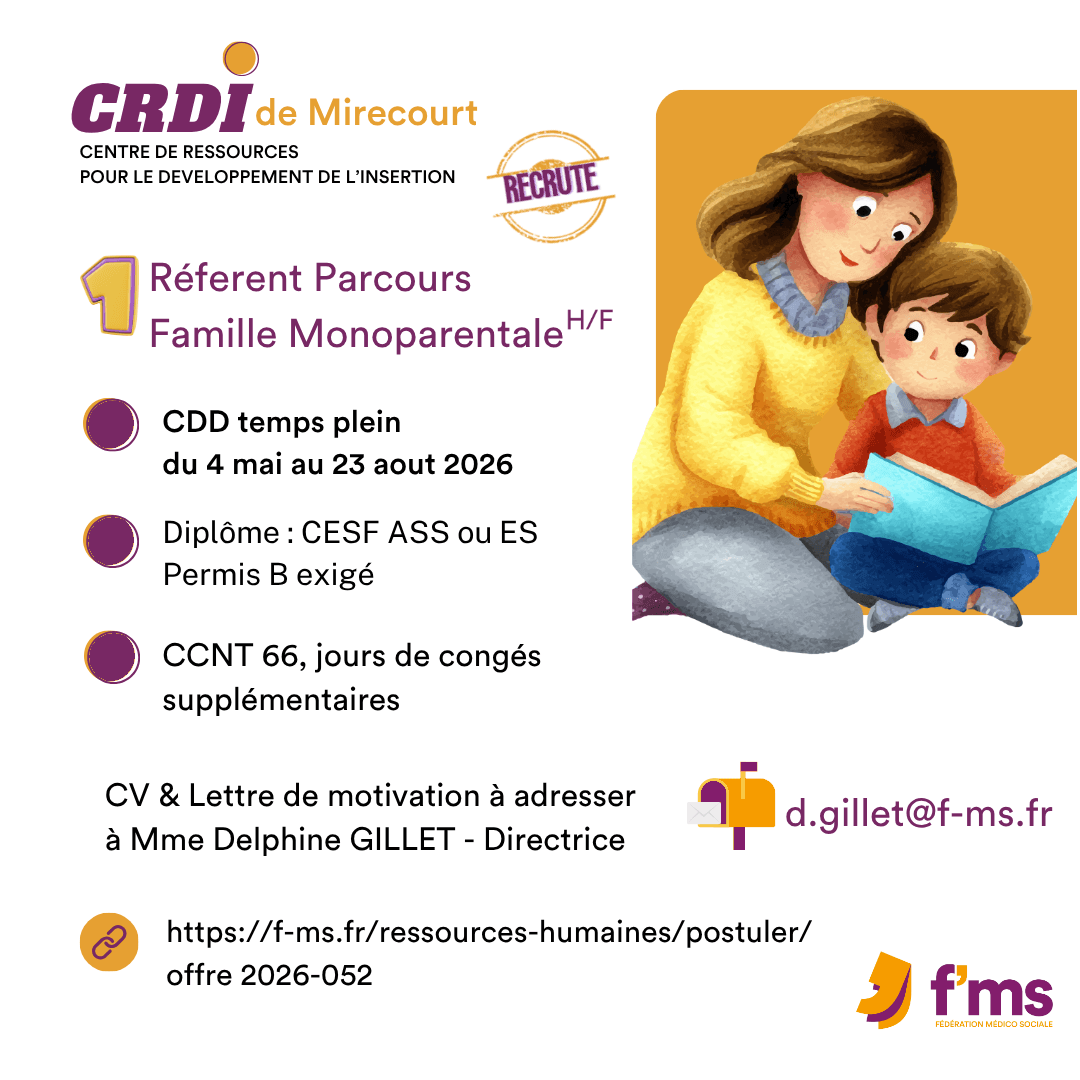Le CRDI recrute un-e référent parcours famille monoparentale HF federation medico sociale fms offre emploi visuel 2026 052 visuel choisi 58 FMS | Fédération Médico Sociale