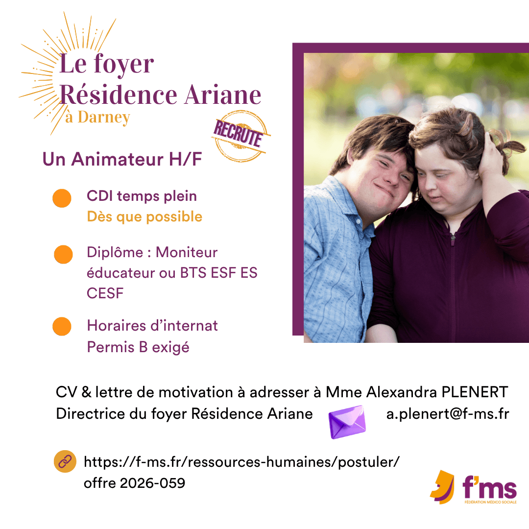 federation medico sociale fms offre emploi visuel 2026 059 CDI TPS PLEIN FOYER ARIANE Animateur HF 63 FMS | Fédération Médico Sociale