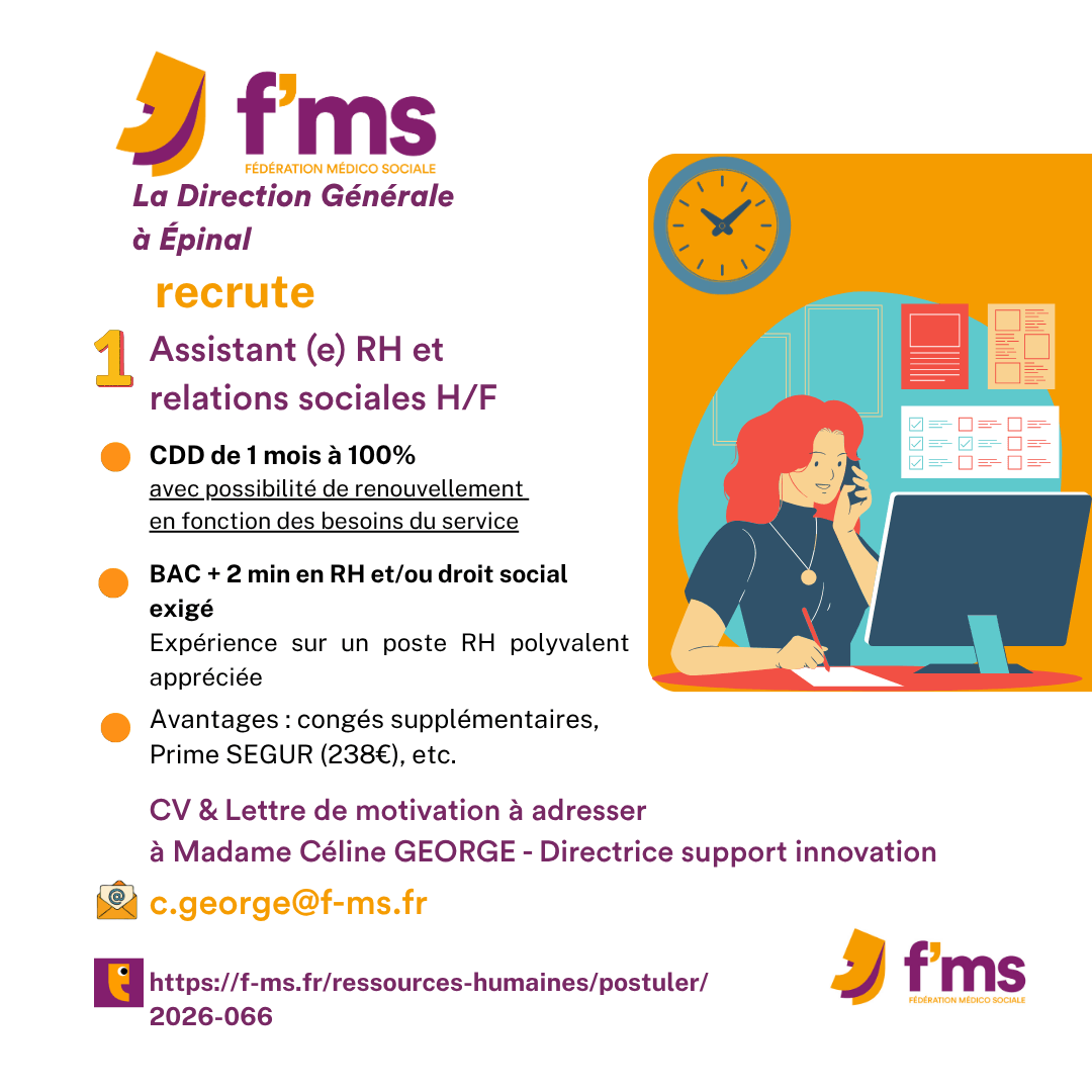 federation medico sociale fms offre emploi visuel 2026 066 CDD TPS PLEIN DIRECTION GENERALE Assistant RH relations sociales HF 69 FMS | Fédération Médico Sociale