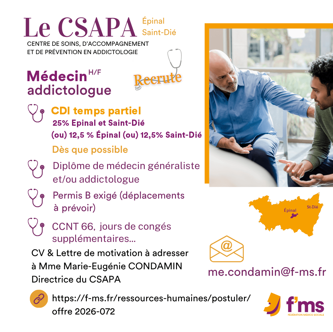 federation medico sociale fms offre emploi visuel 2026 072 CSAPA recrute medecin additologue CDI tps partiel 73 FMS | Fédération Médico Sociale