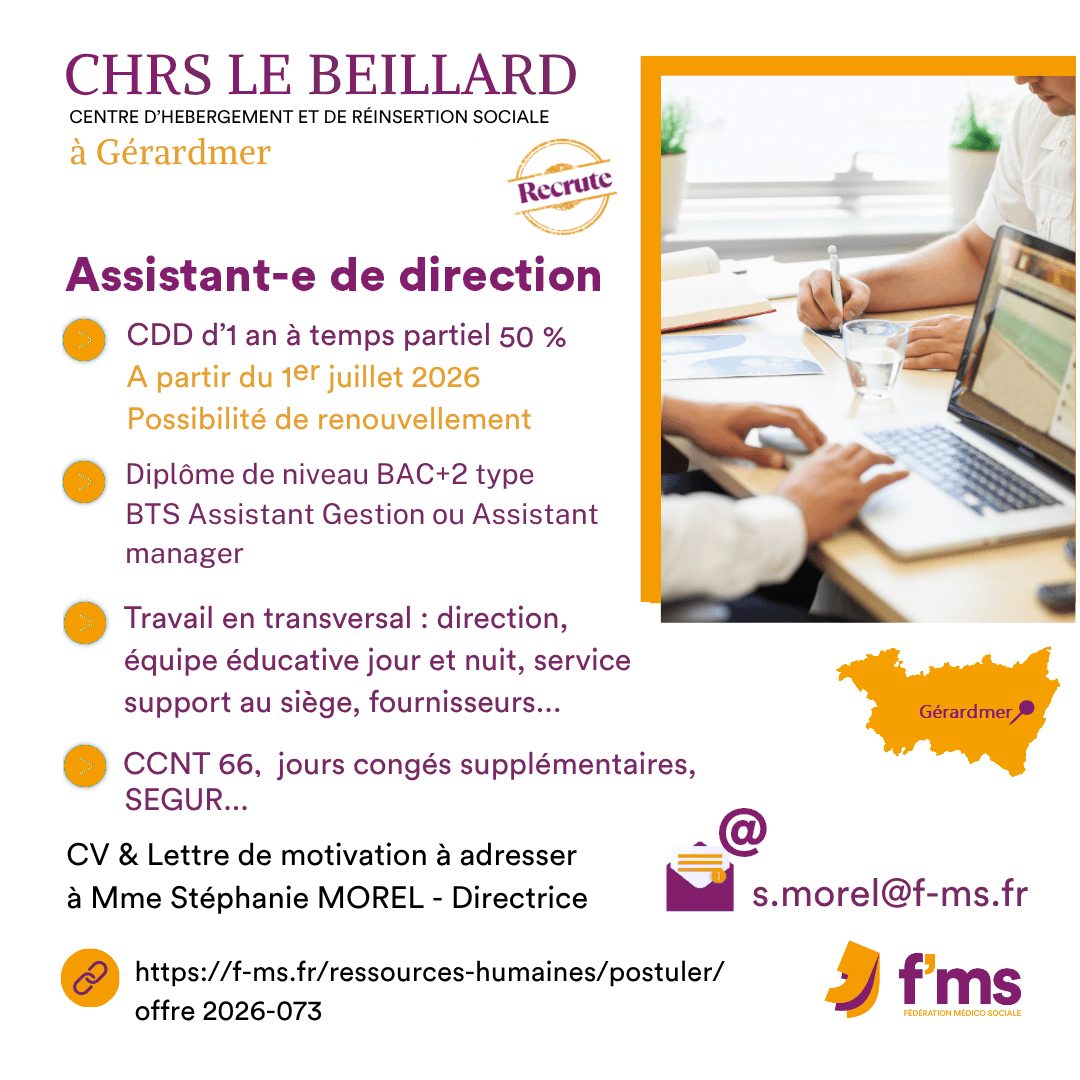federation medico sociale fms offre emploi visuel 2026 073 CHRS recrute assistant direction CDD tps partiel 74 FMS | Fédération Médico Sociale