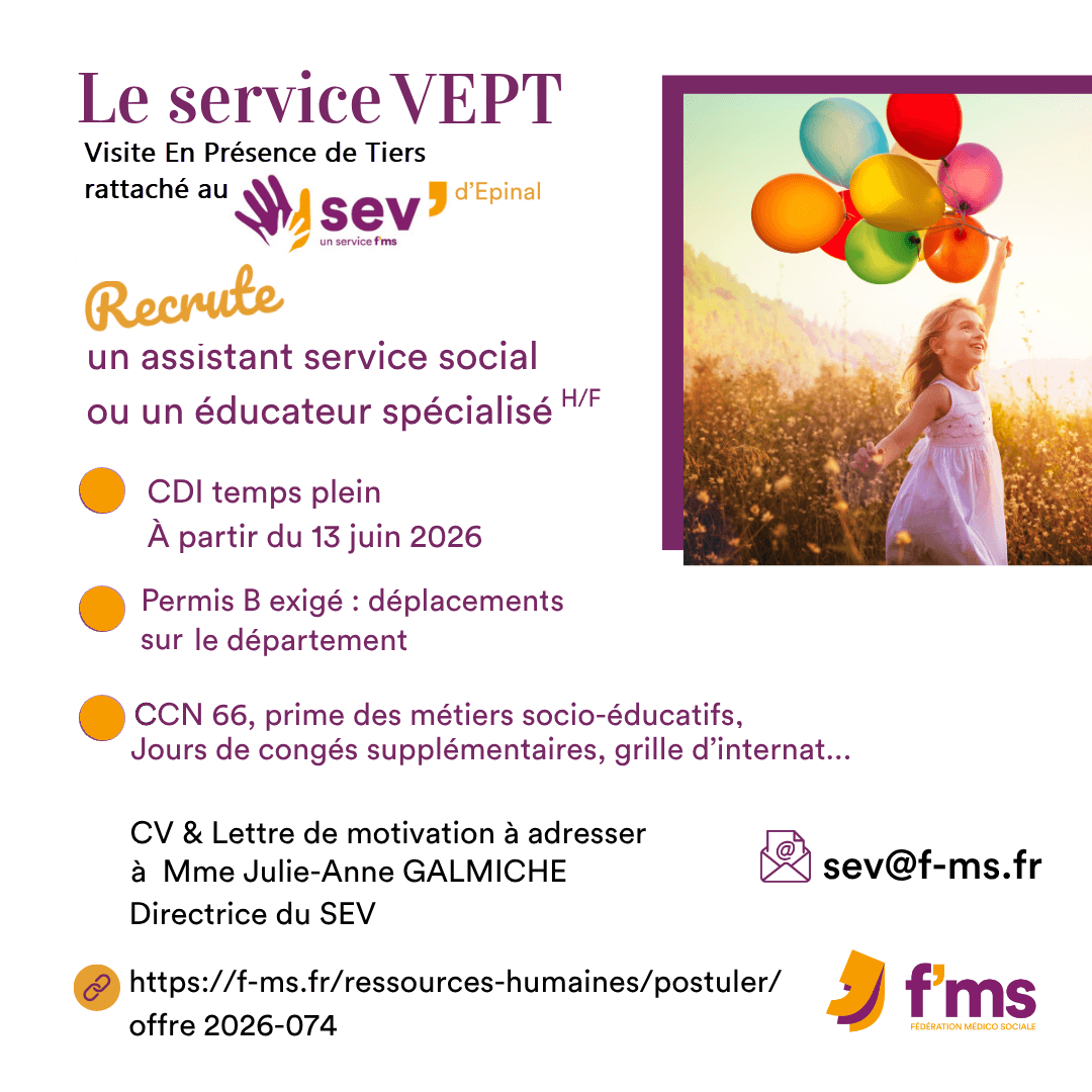 federation medico sociale fms offre emploi visuel 2026 074 CDI TPS PLEIN Service VEPT ASS ou ES HF 76 FMS | Fédération Médico Sociale