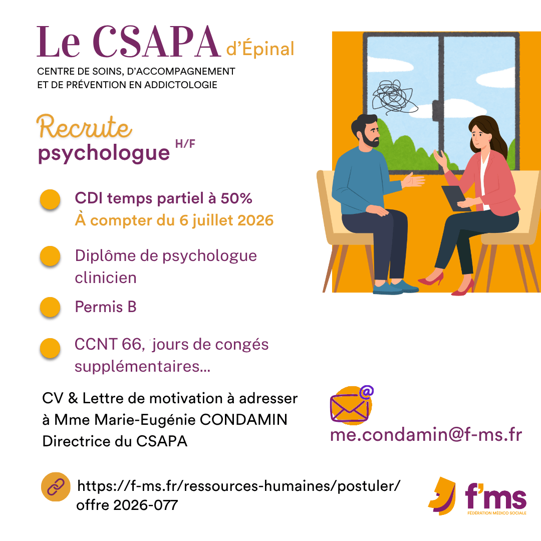 federation medico sociale fms offre emploi visuel 2026 077 CDI TPS PARTIEL CSAPA EPINAL Psychologue HF 80 FMS | Fédération Médico Sociale