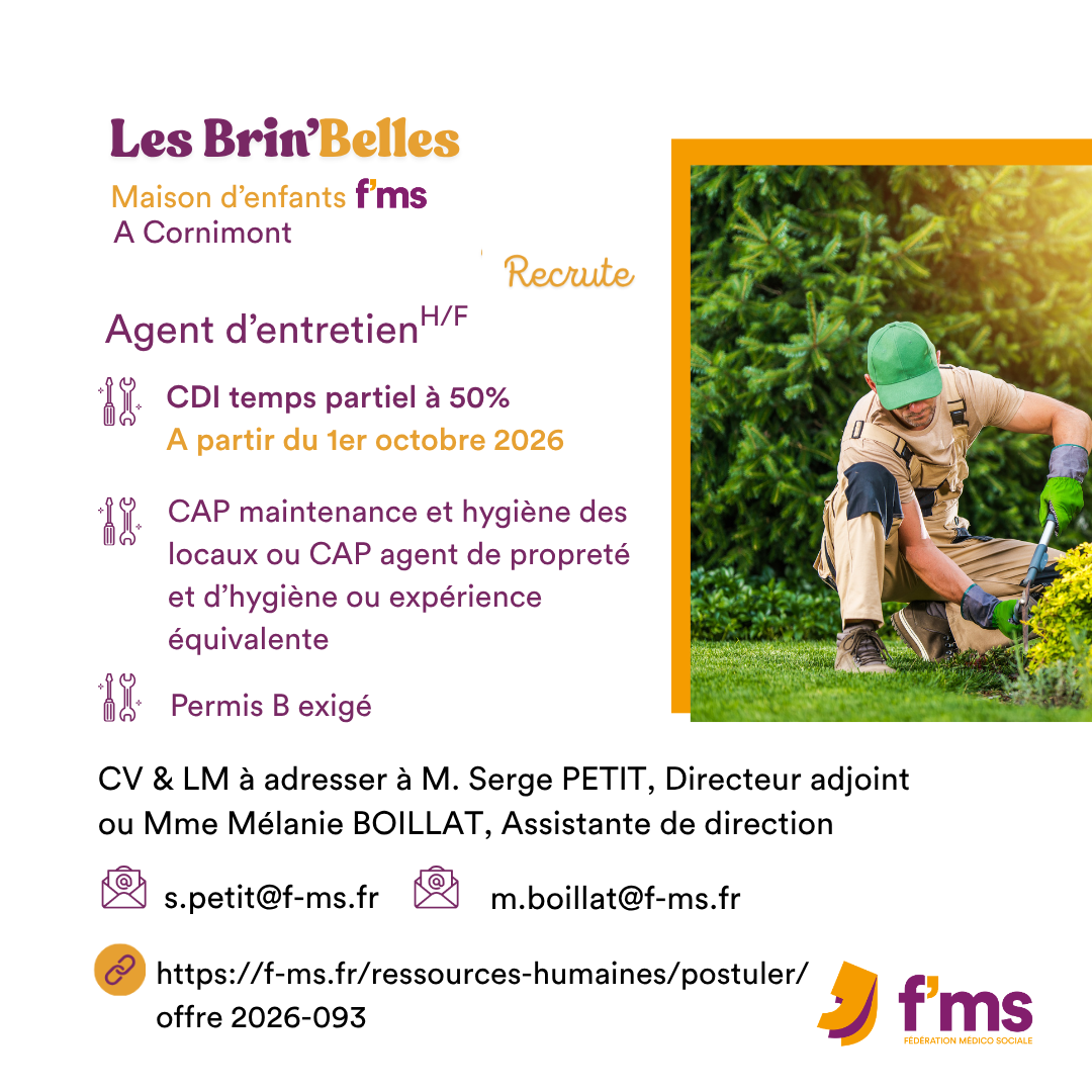 La Mecs les Brin'Belles recrute agent entretien HF federation medico sociale fms offre emploi visuel 2026 093 CDI TPS PARTIEL MECS LES BRINBELLES Agent entretien HF 92 FMS | Fédération Médico Sociale