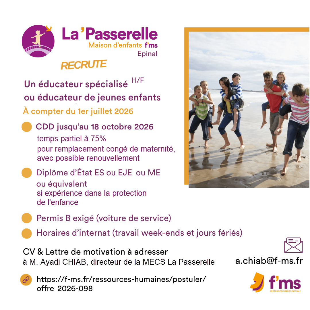 La Passerelle recrute ES ou EJE en CDD temps partiel federation medico sociale fms offre emploi visuel 2026 098 CDD TPS PLEIN Residence LA Passerelle ES ou ME HF 105 FMS | Fédération Médico Sociale