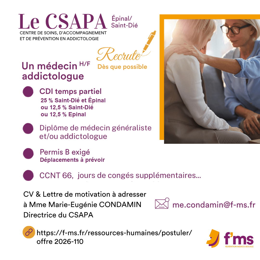 Le CSAPA recrute médecin addictologue HF federation medico sociale fms offre emploi visuel 2026 110 TPS PARTIEL CSAPA Medecin addictologue HF 113 FMS | Fédération Médico Sociale