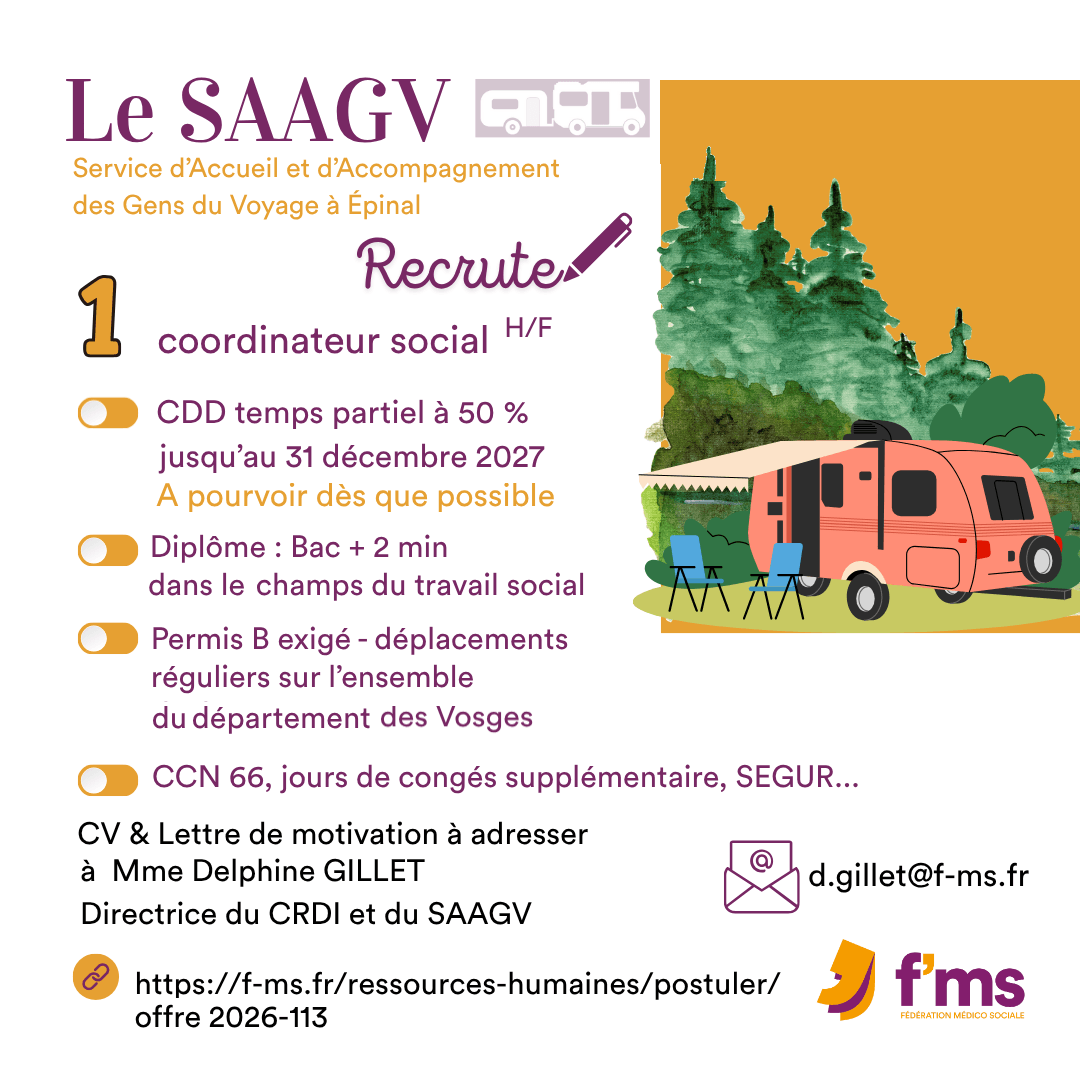 Le SAAGV recrute coordinateur social HF federation medico sociale fms offre emploi visuel 2026 113 CDD TPS PARTIEL SAAGV Coordinateur social HF 118 FMS | Fédération Médico Sociale