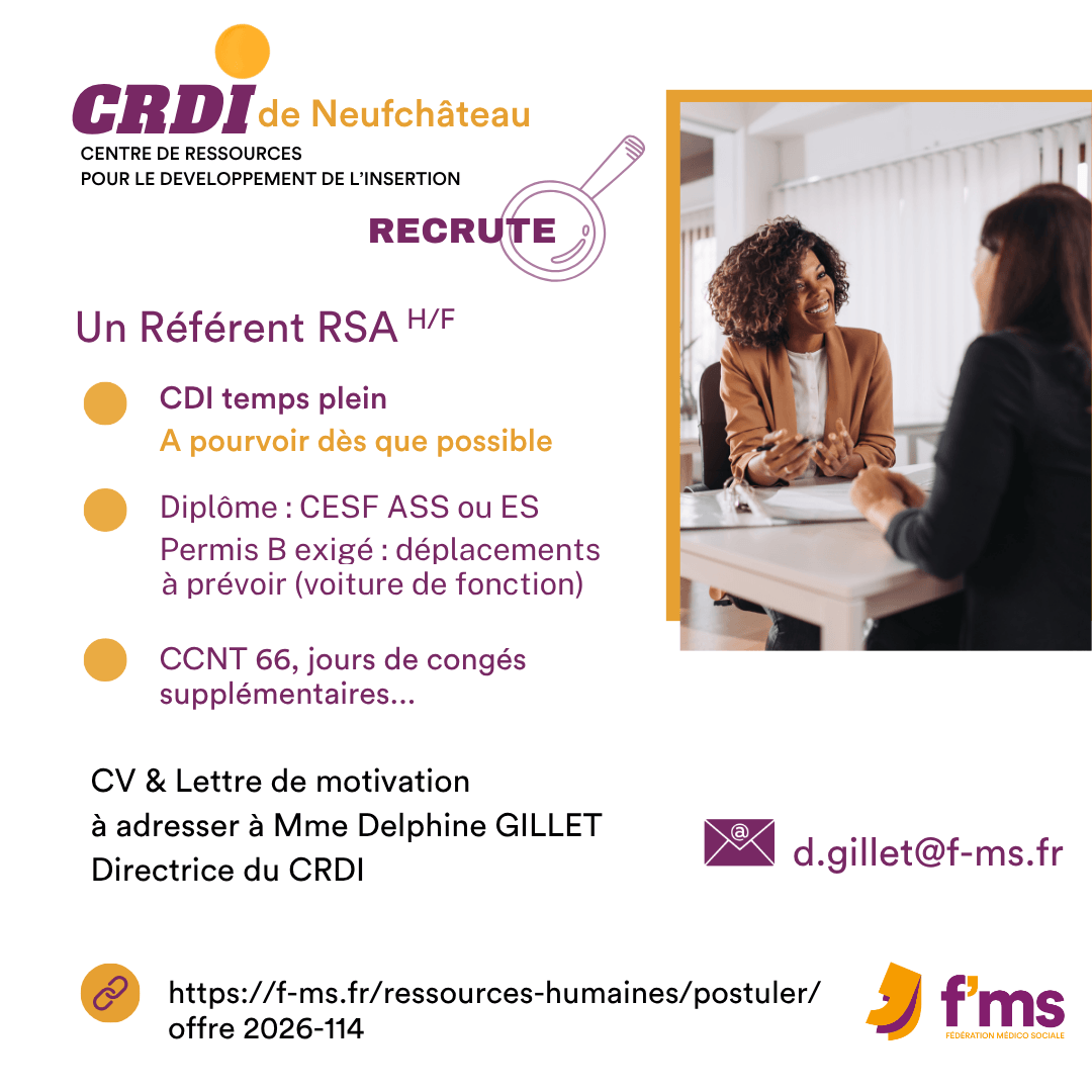 Le CRDI de Neufchâteau recrute référent RSA HF federation medico sociale fms offre emploi visuel 2026 114 CDI TPS PLEIN CRDI Neufchateau Referent RSA HF 119 FMS | Fédération Médico Sociale