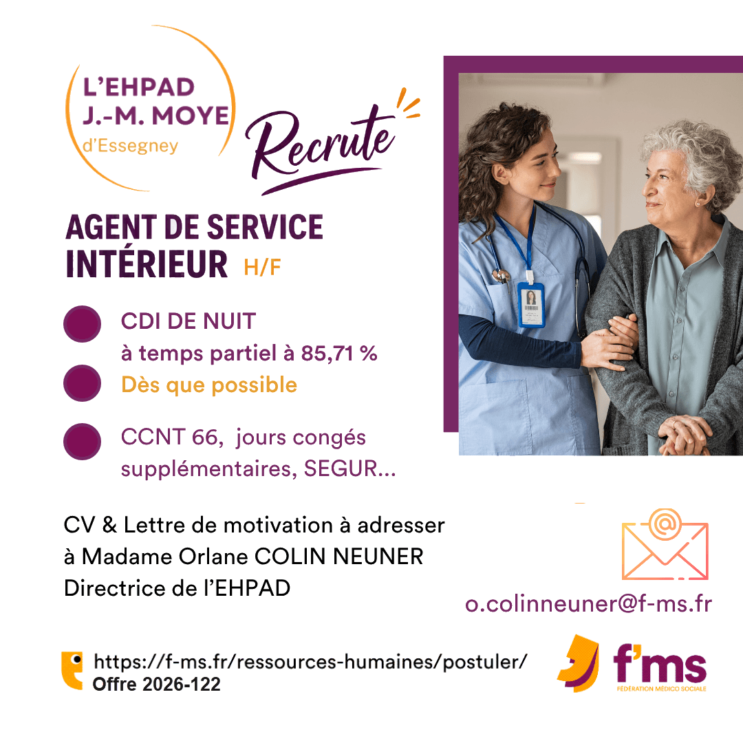 L'EHPAD recrute un agent de service intérieur HF federation medico sociale fms offre emploi visuel 2026 122 CDI tps partiel EHPAD JM MOYE Agence service interieur HF site 128 FMS | Fédération Médico Sociale