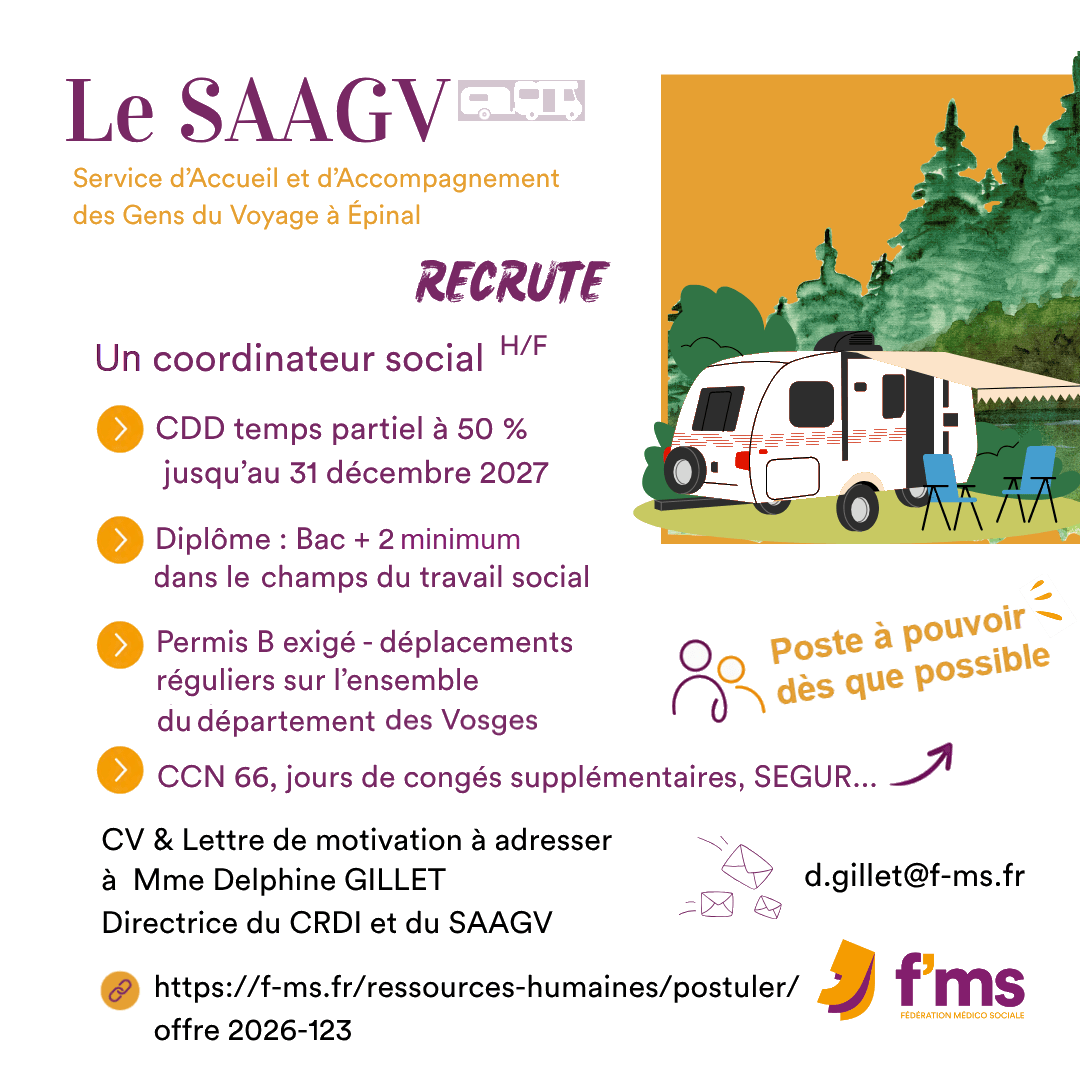Le SAAGV recrute coordinateur social HF en CDD long, temps partiel federation medico sociale fms offre emploi visuel 2026 123 CDD Tps partiel SAAGV Coordinateur social HF site fb 129 FMS | Fédération Médico Sociale