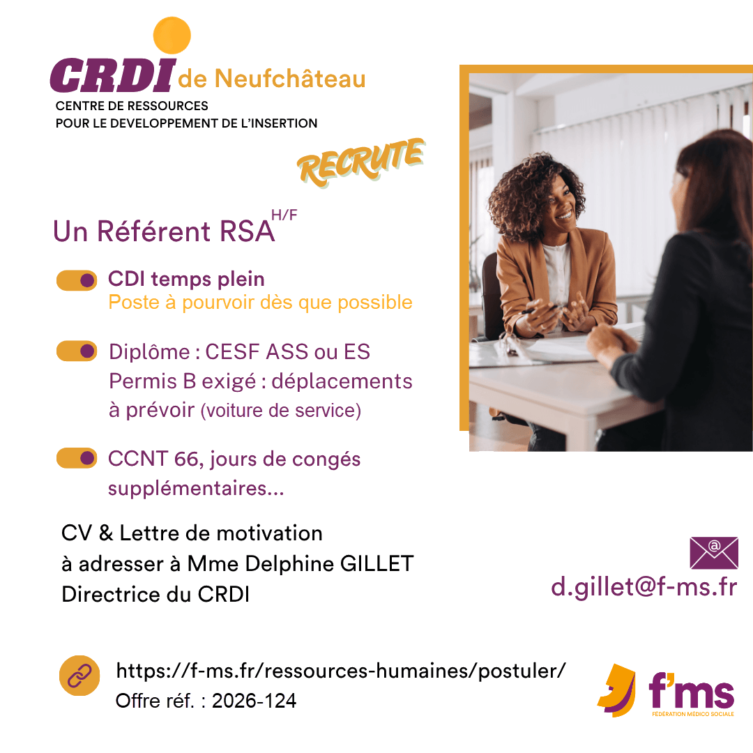 Le CRDI de Neufchâteau recrute référent RSA HF en CDI temps plein federation medico sociale fms offre emploi visuel 2026 124 CDI TPS PLEIN CRDI Neufchateau Referent RSA HF site FB 130 FMS | Fédération Médico Sociale