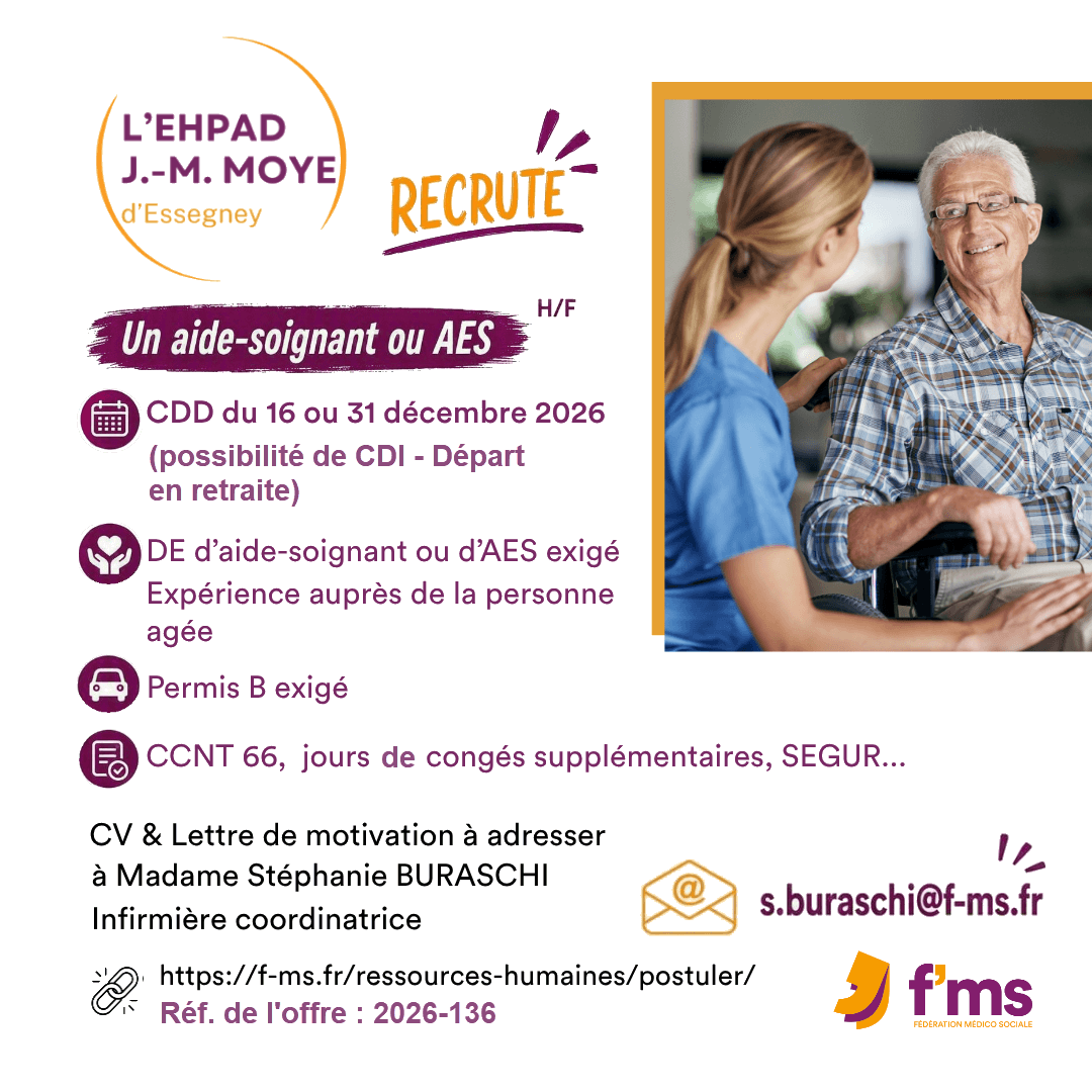 federation medico sociale fms offre emploi visuel 2026 136 CDD TPS PLEIN EHPAD JM MOYE Aide soignant ou AES HF fms fb insta 147 FMS | Fédération Médico Sociale