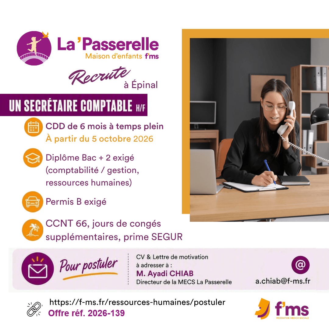 federation medico sociale fms offre emploi visuel 2026 139 CDD TPS PLEIN MECS la PASSERELLE secretaire comptable HF fms fb insta 151 FMS | Fédération Médico Sociale