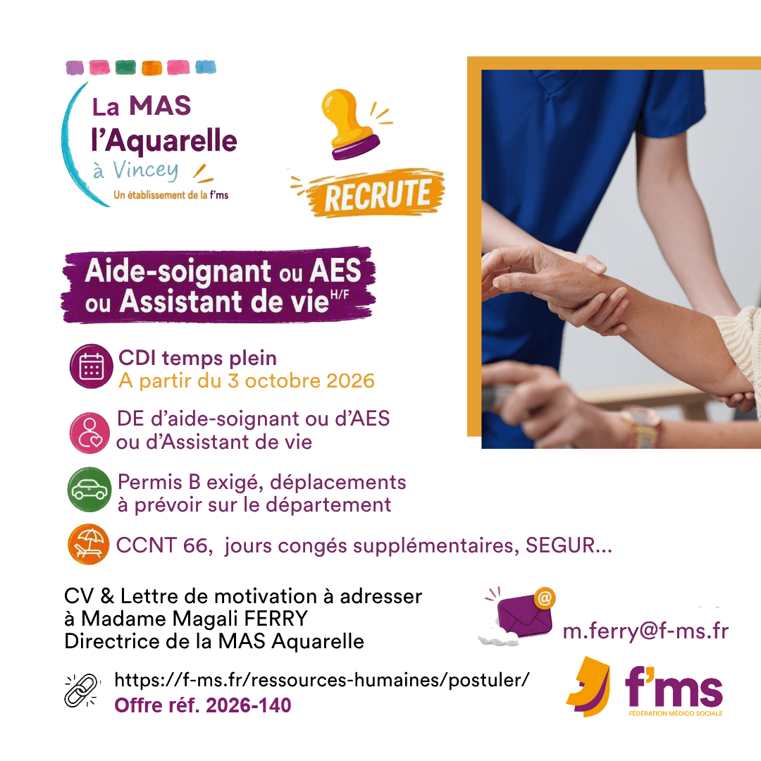federation medico sociale fms offre emploi visuel 2026 140 CDI TPS PLEIN MAS AQUARELLE Aide soignant AMP HF fms fb insta 152 FMS | Fédération Médico Sociale