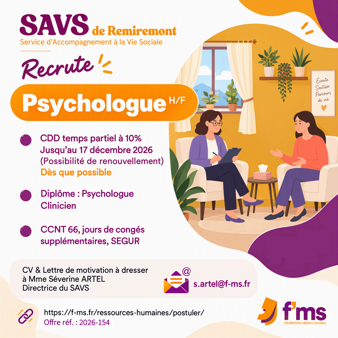 federation medico sociale fms offre emploi visuel 2026 154 CDD TPS PARTIEL SAVS Psycholoque HF fms comm 163 FMS | Fédération Médico Sociale