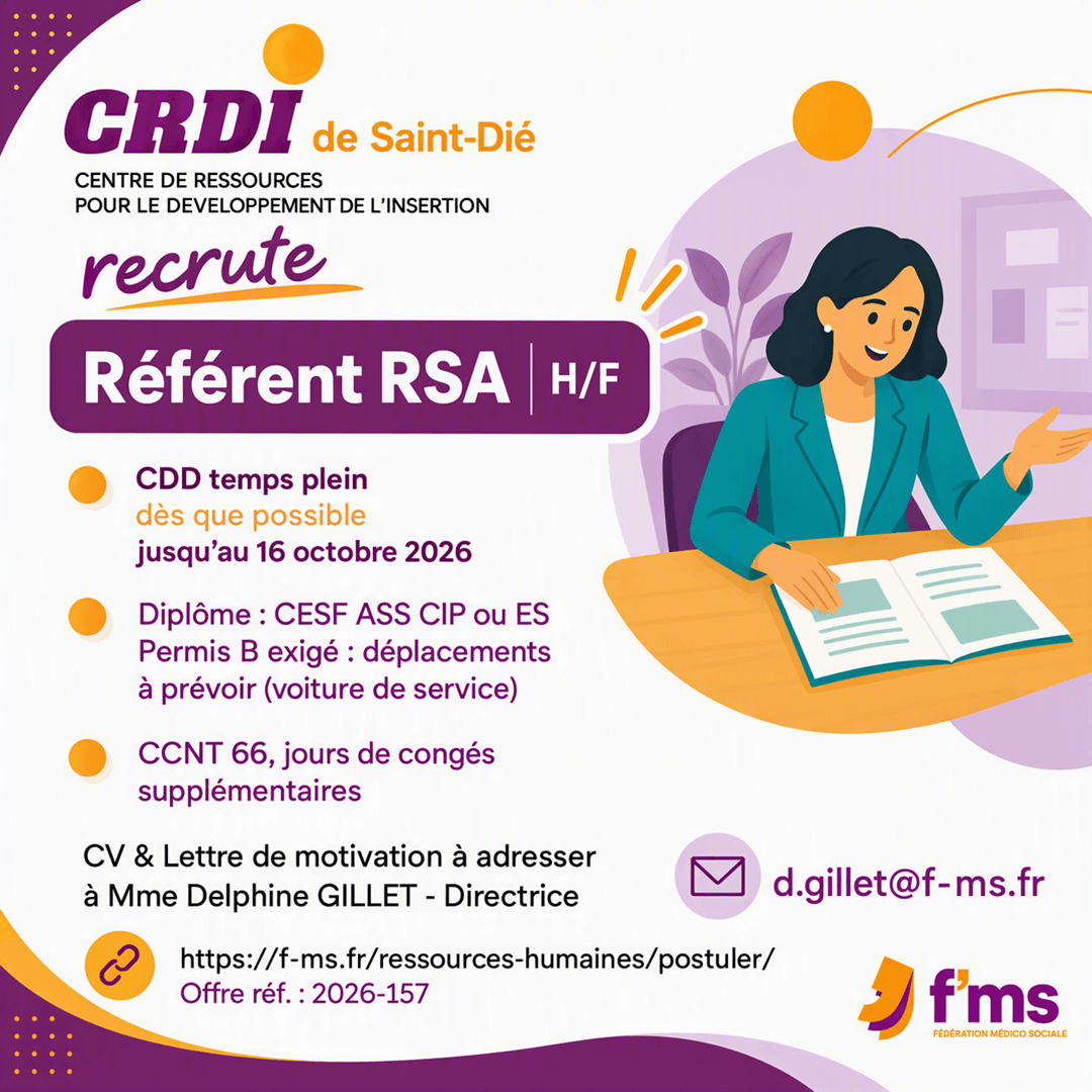 federation medico sociale fms offre emploi visuel 2026 157 CDD TPS PLEIN CDRI Saint Die Referent RSA HF fms comm 165 FMS | Fédération Médico Sociale