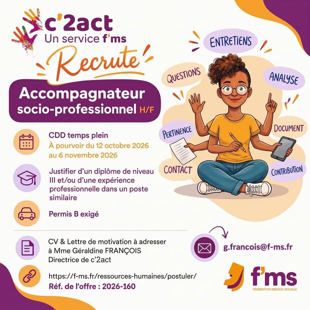 federation medico sociale fms offre emploi visuel 2026 160 CDD TPS PLEIN C 2ACT Accompagnateur Socio Professionnel HF fms RS 172 FMS | Fédération Médico Sociale