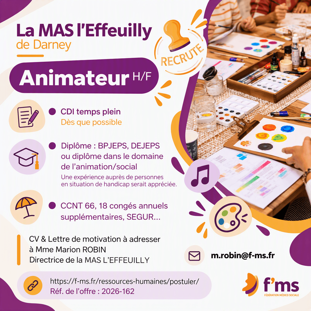 federation medico sociale fms offre emploi visuel 2026 162 CDI TPS PLEIN MAS EFFEUILLY Animateur HF fms 170 FMS | Fédération Médico Sociale