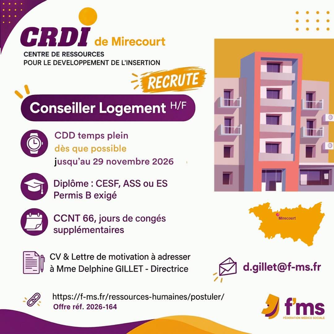 federation medico sociale fms offre emploi visuel 2026 164 CDD TPS PLEIN CRDI MIRECOURT Conseiller logement HF fms rs 174 FMS | Fédération Médico Sociale