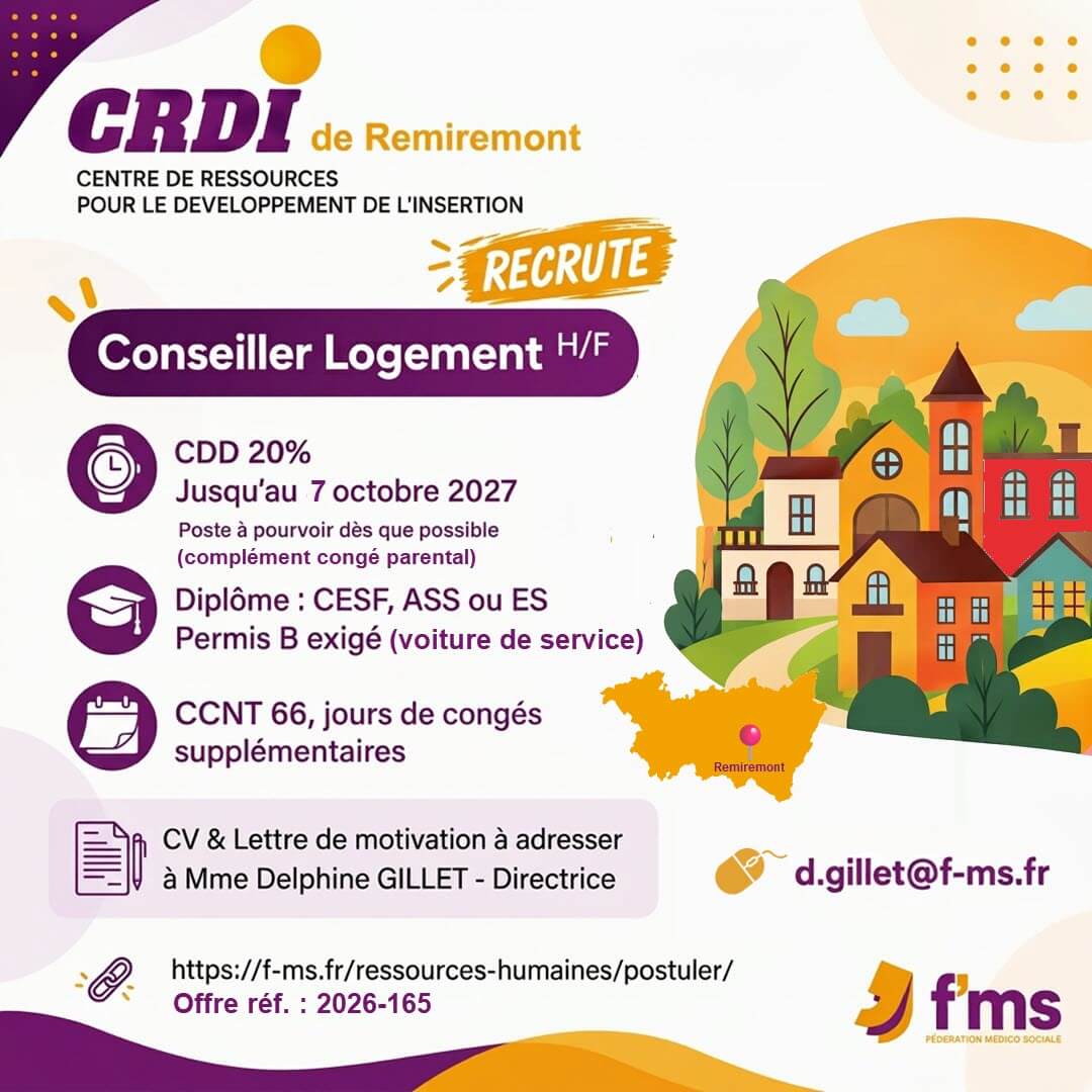 federation medico sociale fms offre emploi visuel 2026 165 CDD TPS PARTIEL CRDI REMIREMONT Conseiller logement HF fms rs 175 FMS | Fédération Médico Sociale