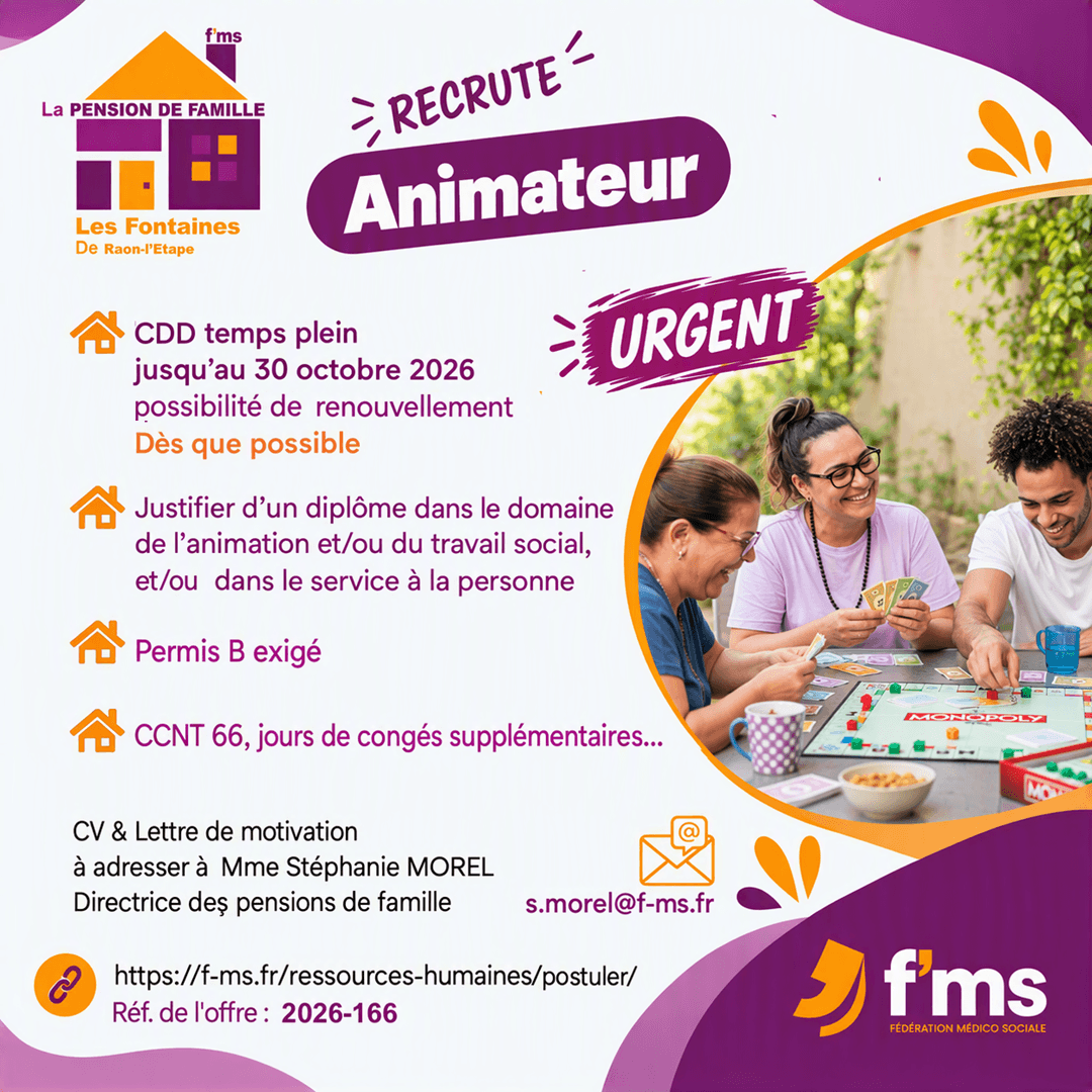 federation medico sociale fms offre emploi visuel 2026 166 CDD TPS PLEIN Pension Famille Raon l Etape Animateur HF fms rs 176 FMS | Fédération Médico Sociale