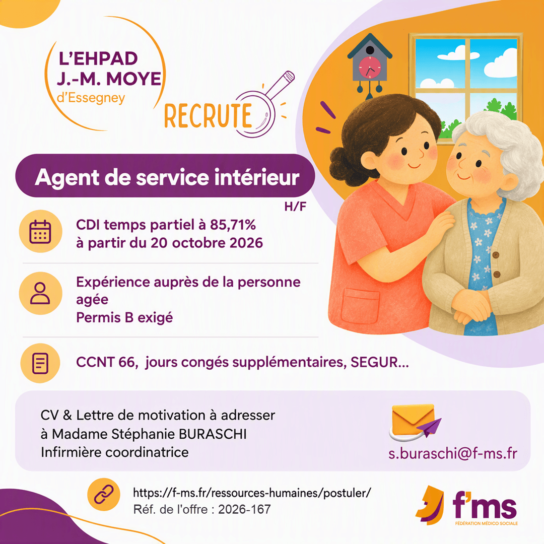 federation medico sociale fms offre emploi visuel 2026 167 CDI TPS PARTIEL EHPAD JM MOYE Agent service interieur HF fms 178 FMS | Fédération Médico Sociale