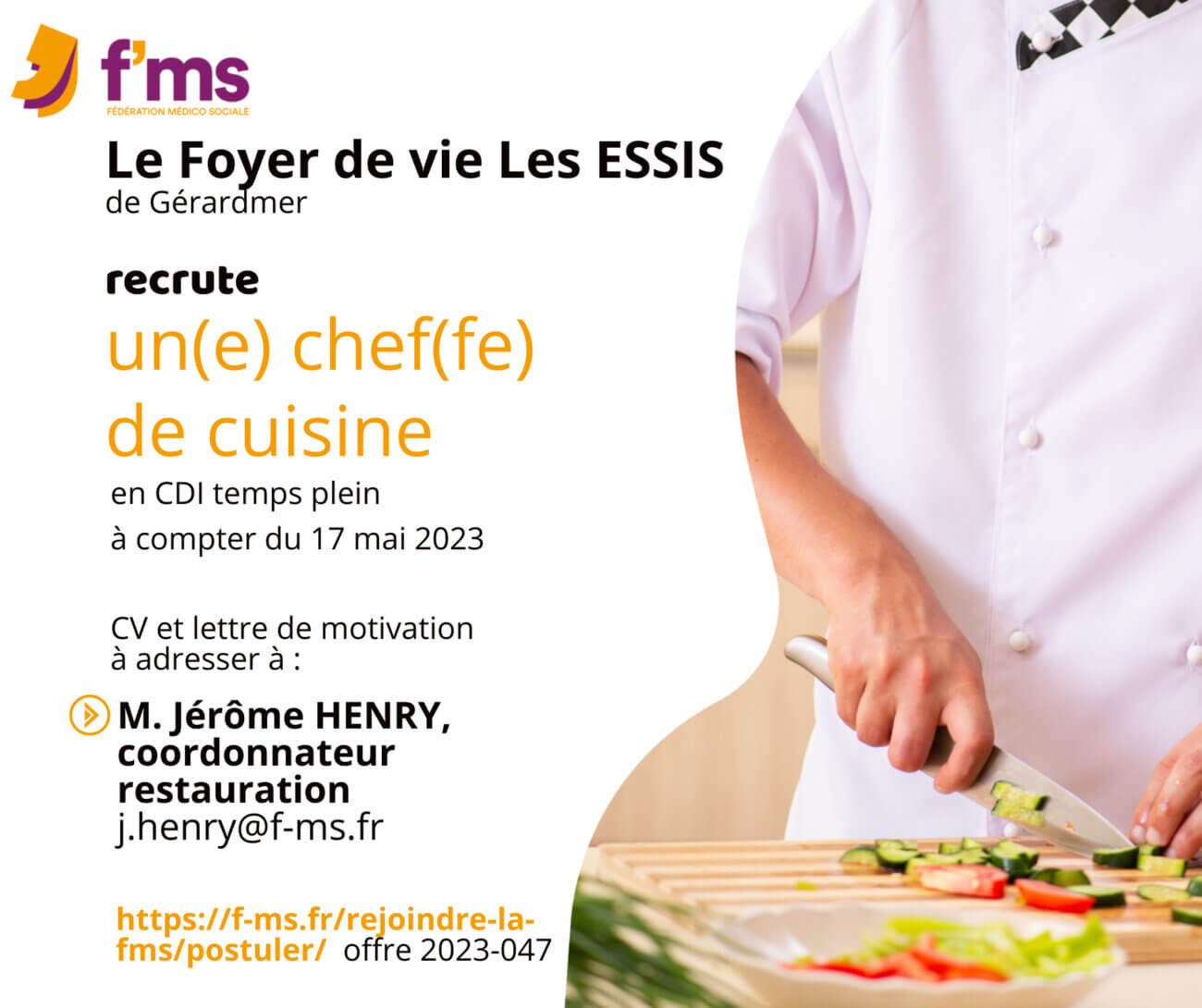 federation medico sociale fms postuler Le Foyer de vie LES ESSIS recrute un e chef fe de cuisine 215 FMS | Fédération Médico Sociale