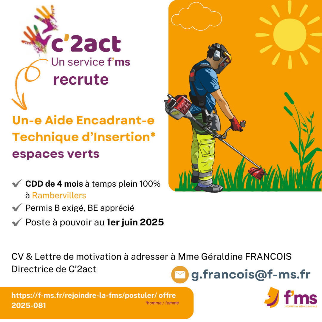 federation medico sociale fms postuler2025 2025 081 c2act recrute aide encadrant technique insertion HF 86 FMS | Fédération Médico Sociale