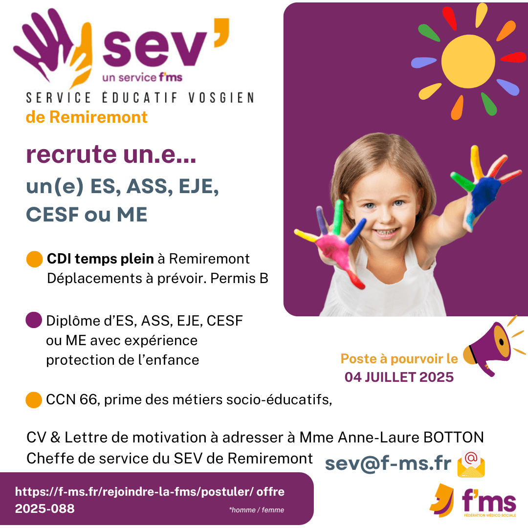 federation medico sociale fms postuler2025 2025 088 SEV Remiremont recrute ES CDI tps plein HF 93 FMS | Fédération Médico Sociale