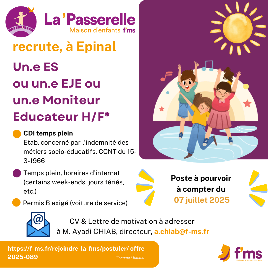 federation medico sociale fms postuler2025 2025 089 La MECS la Passerelle recrute un e ES JE ME 94 FMS | Fédération Médico Sociale