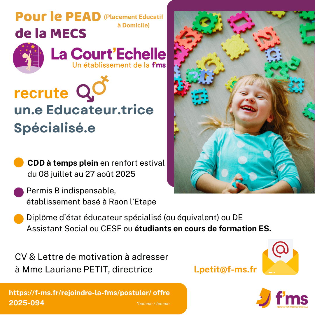federation medico sociale fms postuler2025 2025 094 LA COURT ECHELLE recrute CDD TPS PLEIN ES HF 98 FMS | Fédération Médico Sociale