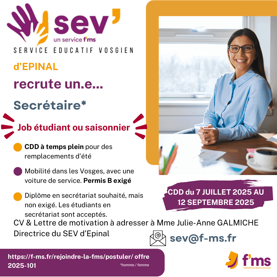 federation medico sociale fms postuler2025 2025 101 CDD TPS PLEIN SEV EPINAL Secretaire job ete HF 104 FMS | Fédération Médico Sociale