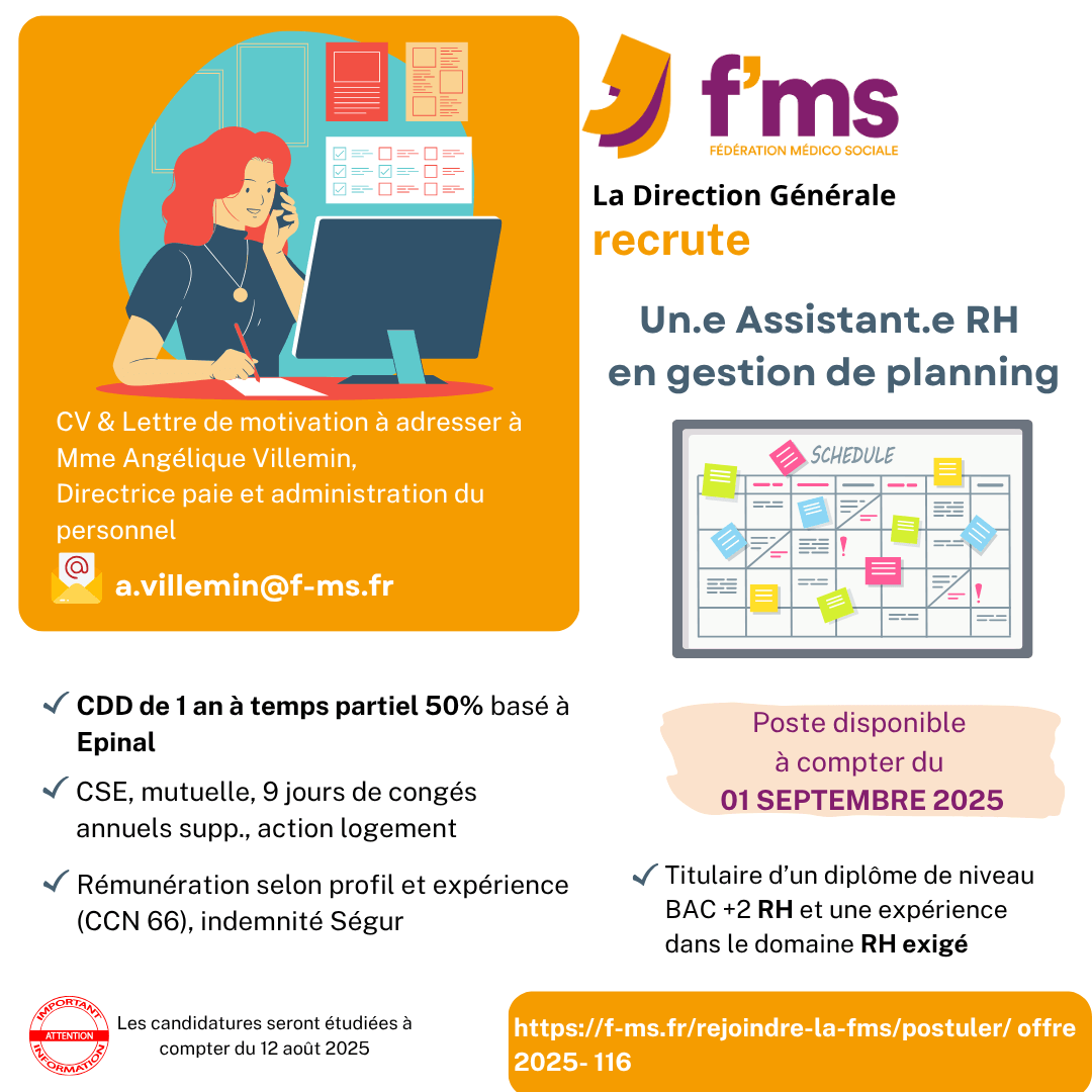 federation medico sociale fms postuler2025 2025 116 DG Assistant RH gestion planning 121 FMS | Fédération Médico Sociale