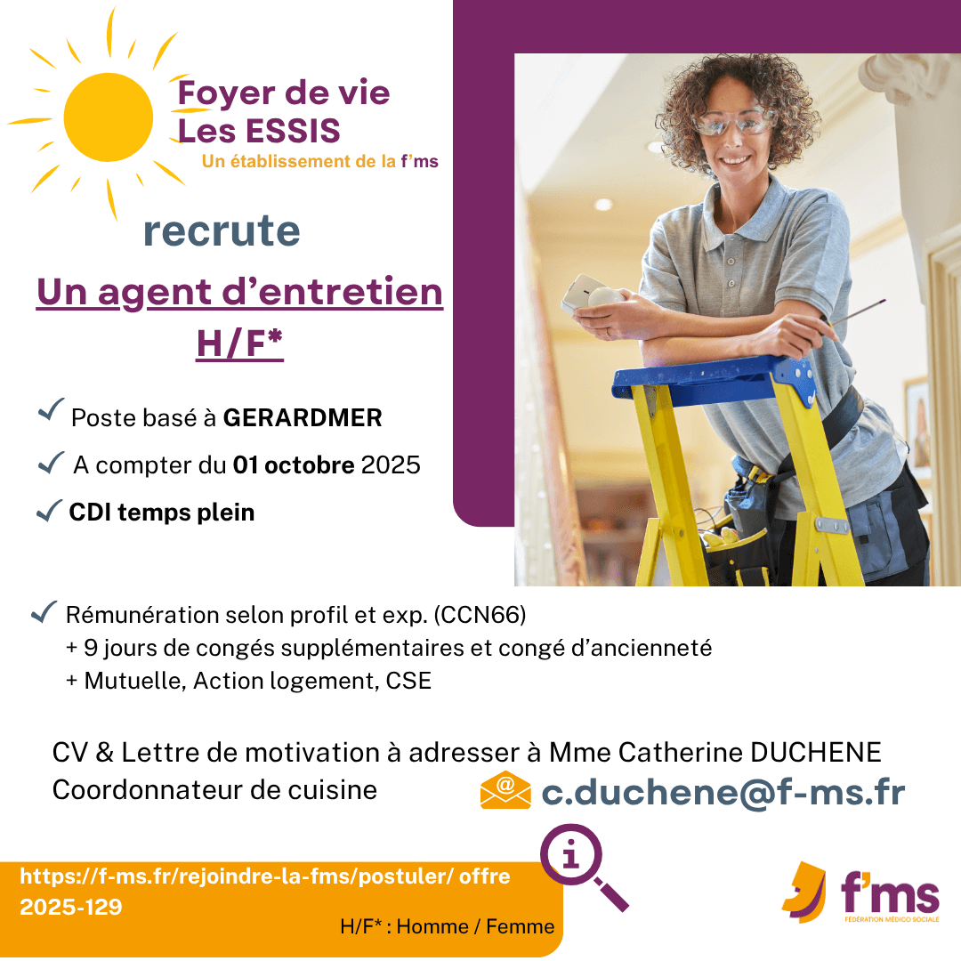 federation medico sociale fms postuler2025 2025 129 Les Essis recrutent Agent entretien CDI tpsplein FMS 131 FMS | Fédération Médico Sociale