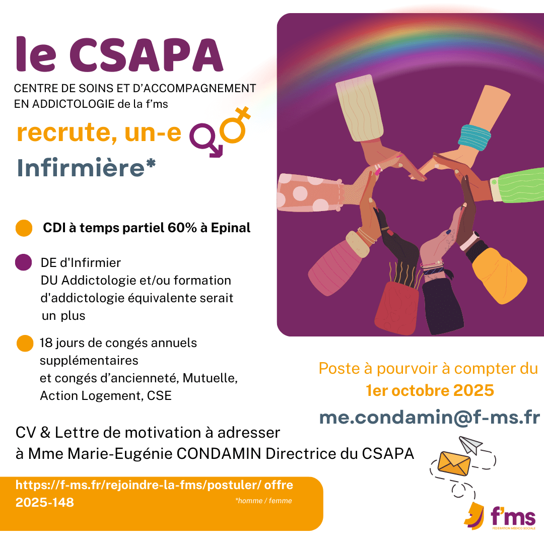 federation medico sociale fms postuler2025 2025 148 le CSAPA recrute Infirmier HF CDI tps partiel 147 FMS | Fédération Médico Sociale