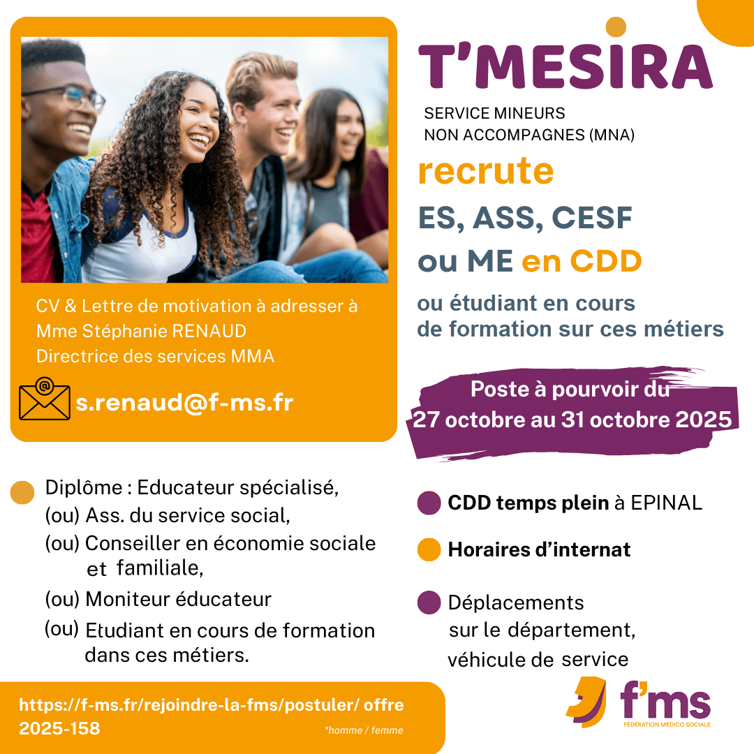 TMESIRA recrute ES, ASS, CESF ou ME pour CDD 5 jours federation medico sociale fms postuler2025 2025 158 TMESIRA recrute ES ASS CESF CESF ME CDD HF 154 FMS | Fédération Médico Sociale