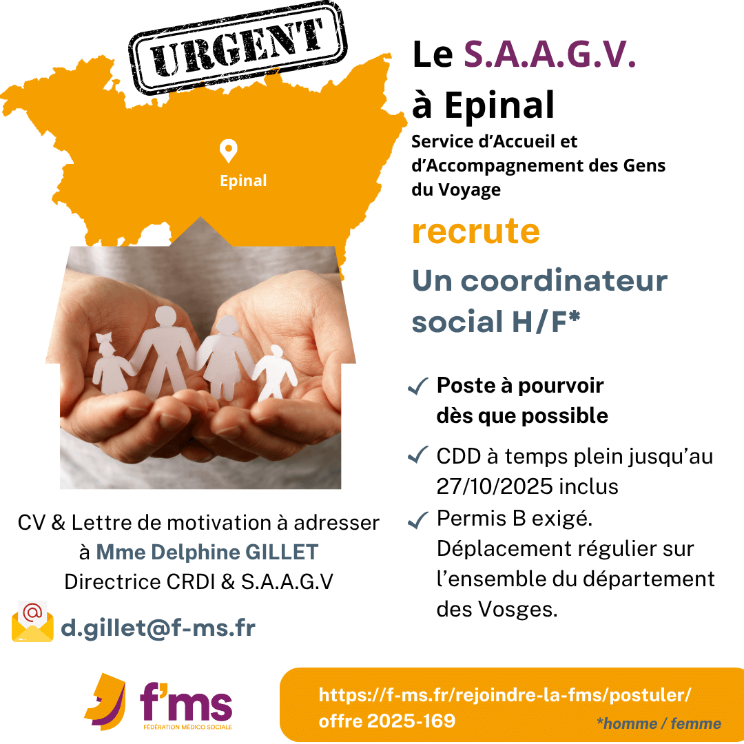 Le SAAGV recrute coordinateur social HF federation medico sociale fms postuler2025 2025 169 CDD TPS PLEIN SAAGV Coordinateur social HF 167 FMS | Fédération Médico Sociale