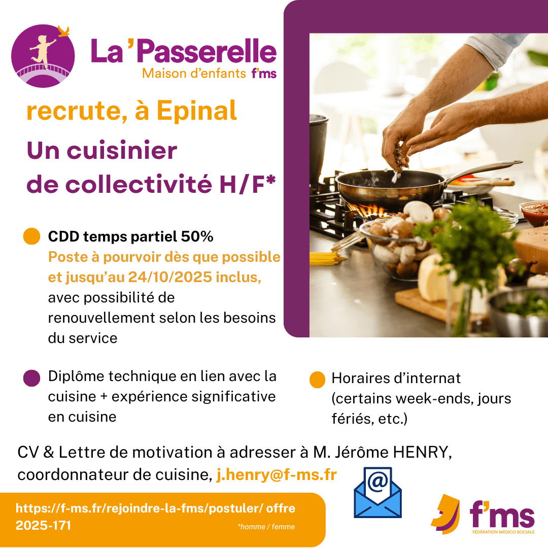 La Mecs La Passerelle recrute cuisinier en CDD Mecs la passerelle - CDD cuisinier